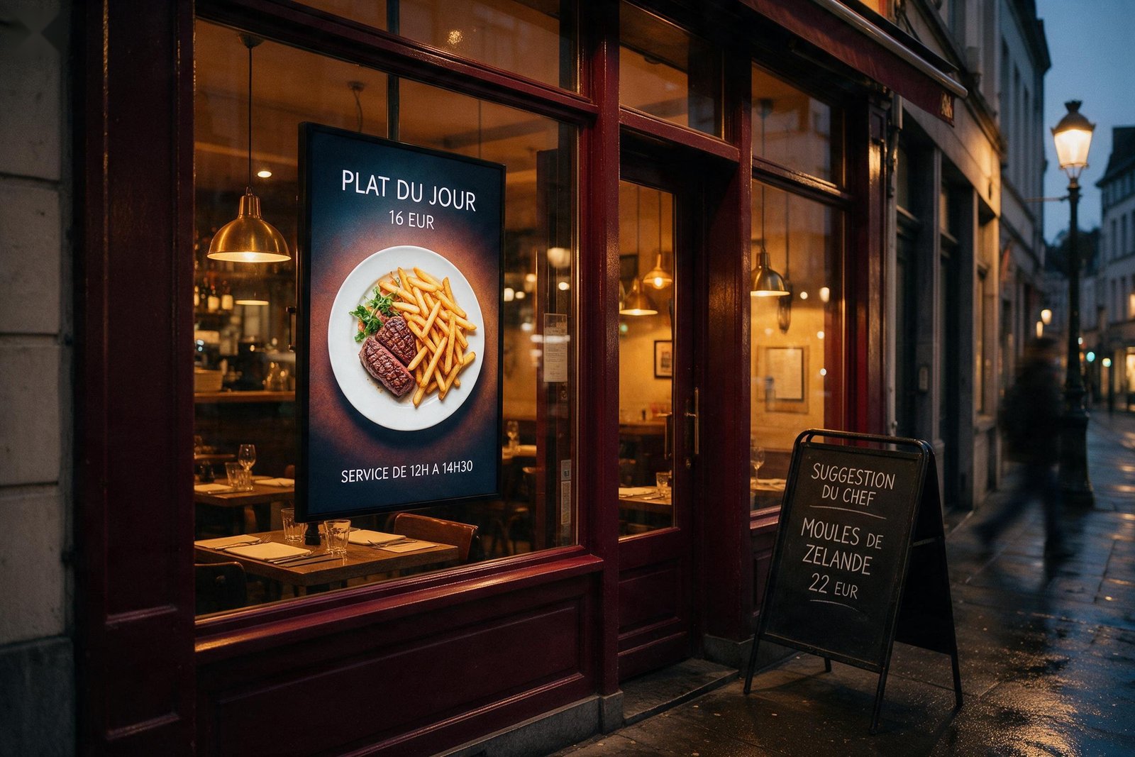 Bistrot avec terrasse, écran en vitrine et stop-trottoir