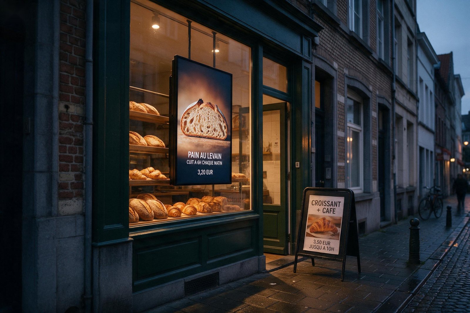 Devanture de boulangerie à l'aube avec un écran vertical en vitrine et un stop-trottoir sur le trottoir