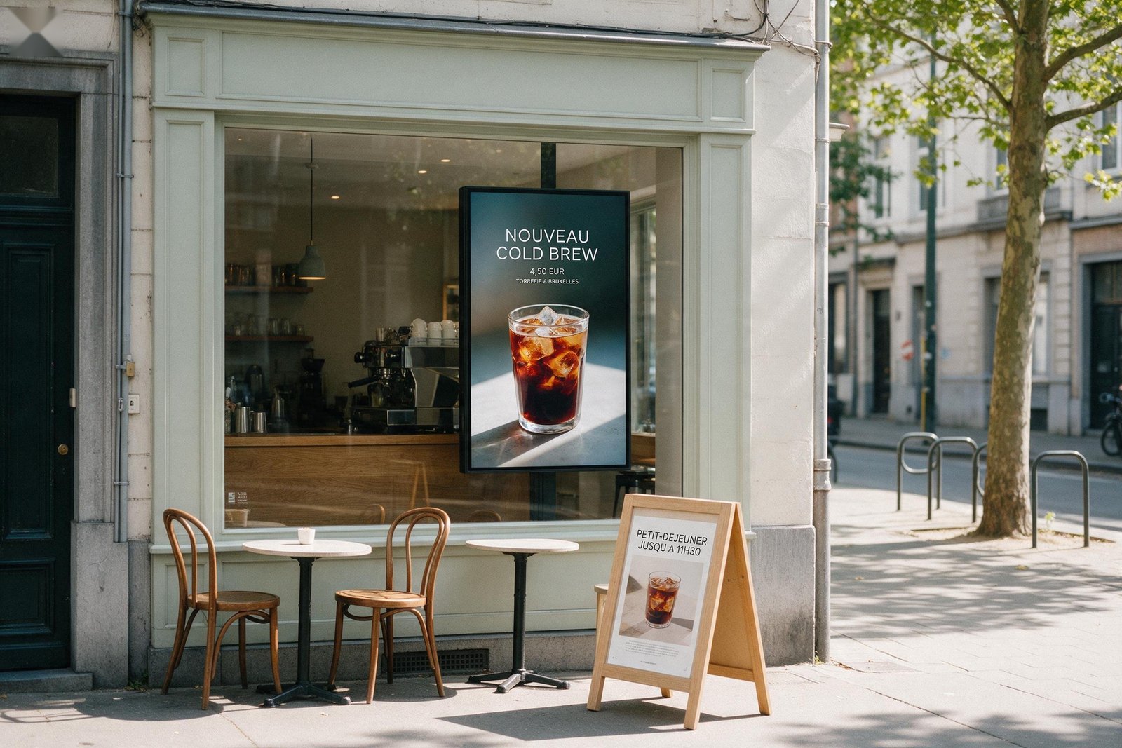Façade de café indépendant avec écran en vitrine et ardoise A