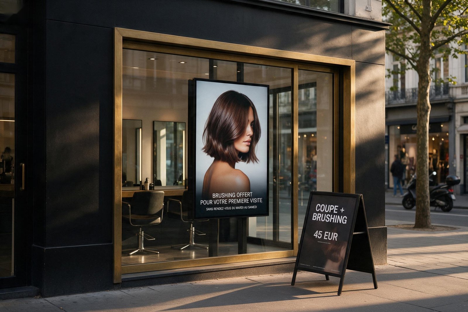 Salon de coiffure avec écran vertical visible depuis la rue