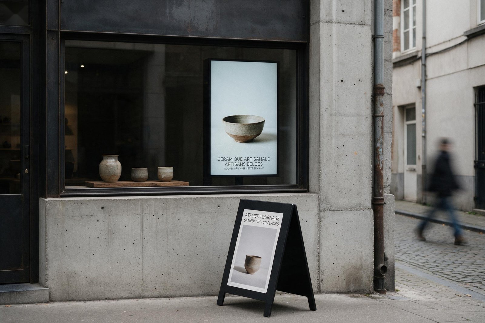 Concept store, vitrine industrielle épurée avec écran