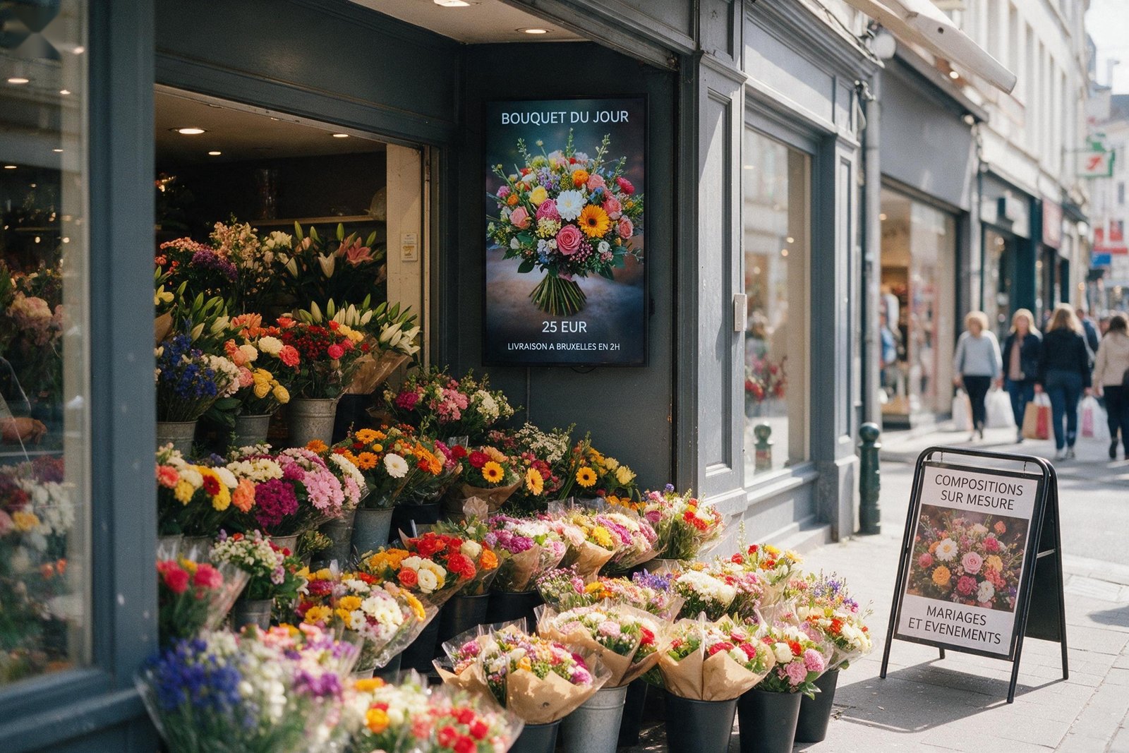 Fleuriste avec étal ouvert sur le trottoir et écran en vitrine