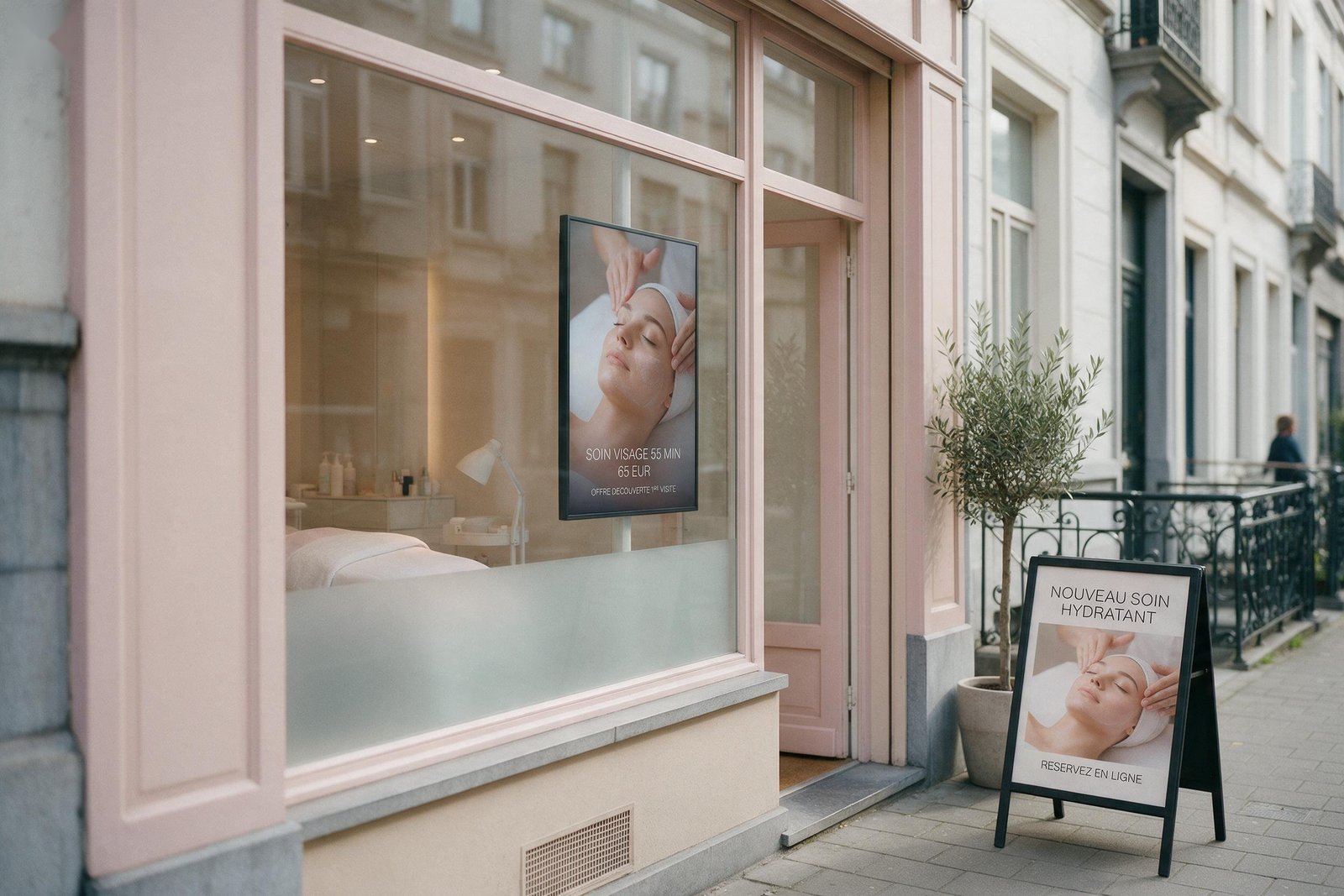 Institut de beauté, devanture rose pâle avec écran vertical