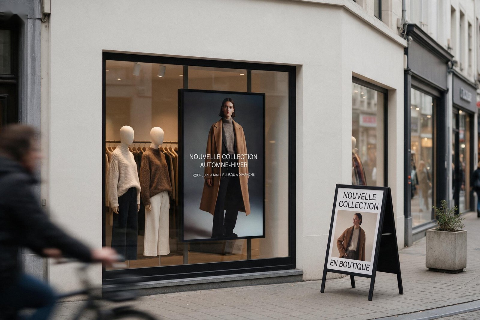 Boutique de mode indépendante, vitrine minimaliste avec écran