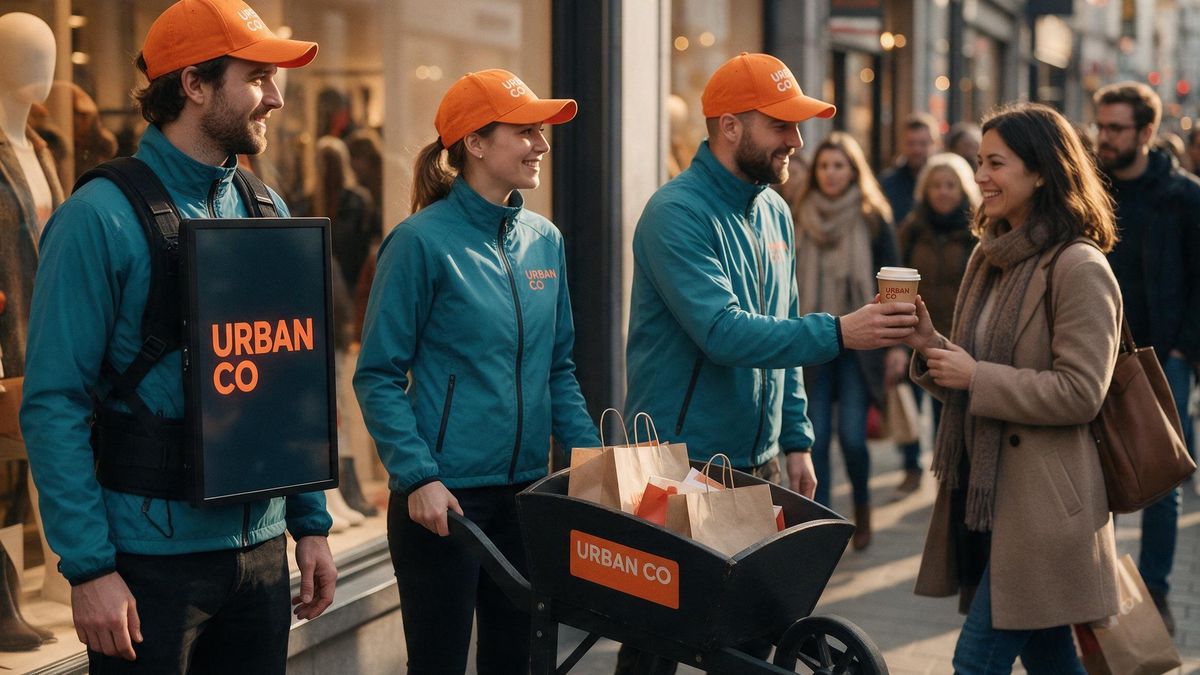 Équipe de rue distribuant café et goodies devant une vitrine
