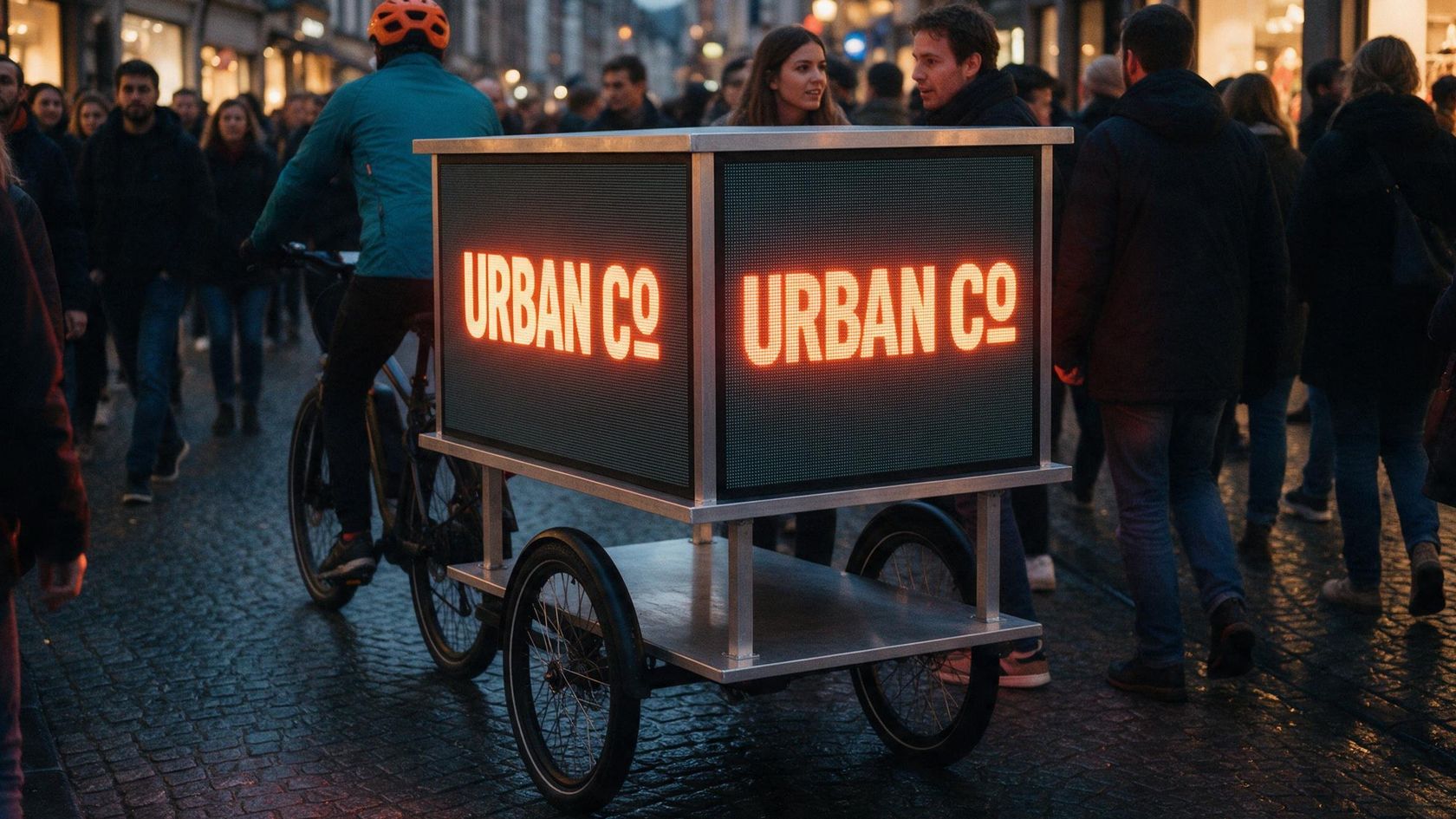 Un vélo publicitaire traverse une rue piétonne bruxelloise à l'heure bleue, caisson allumé