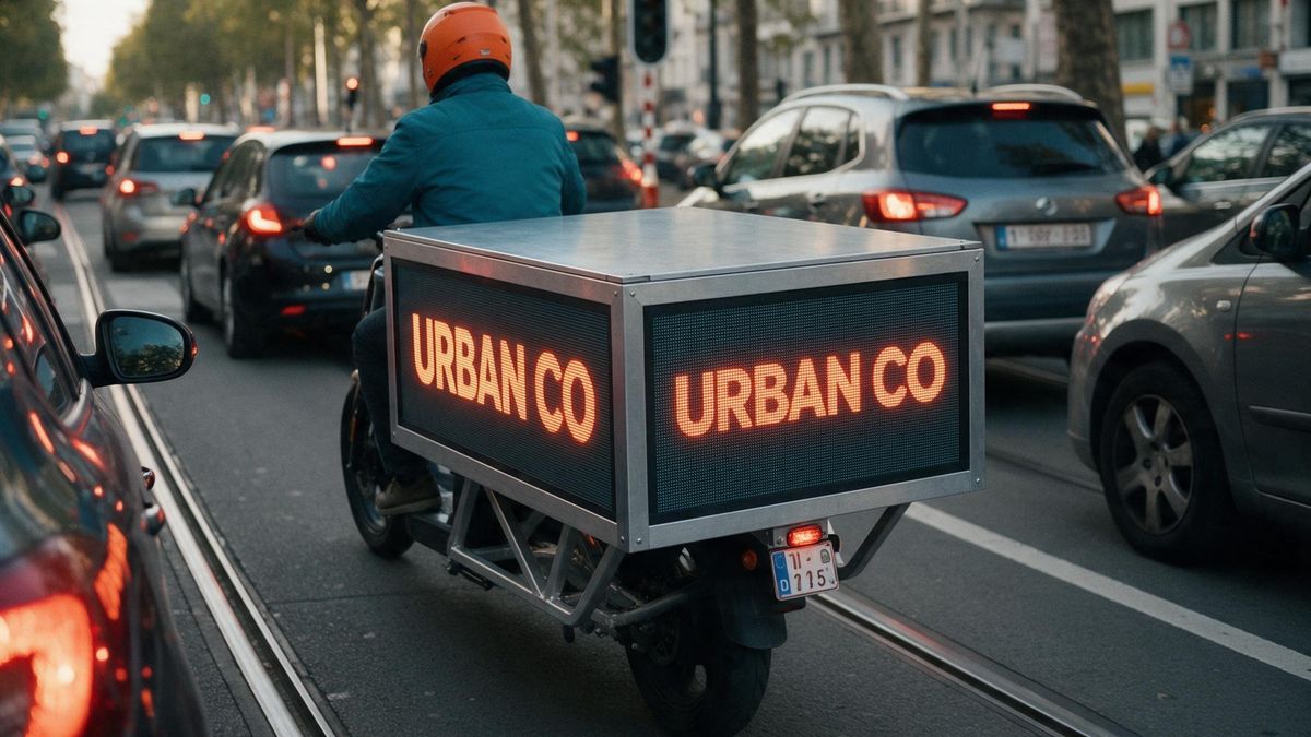 Scooter publicitaire remontant une file de voitures arrêtées