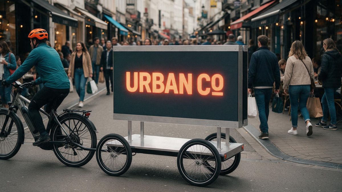 Un vélo publicitaire en profil dans une rue commerçante, écran recto-verso allumé